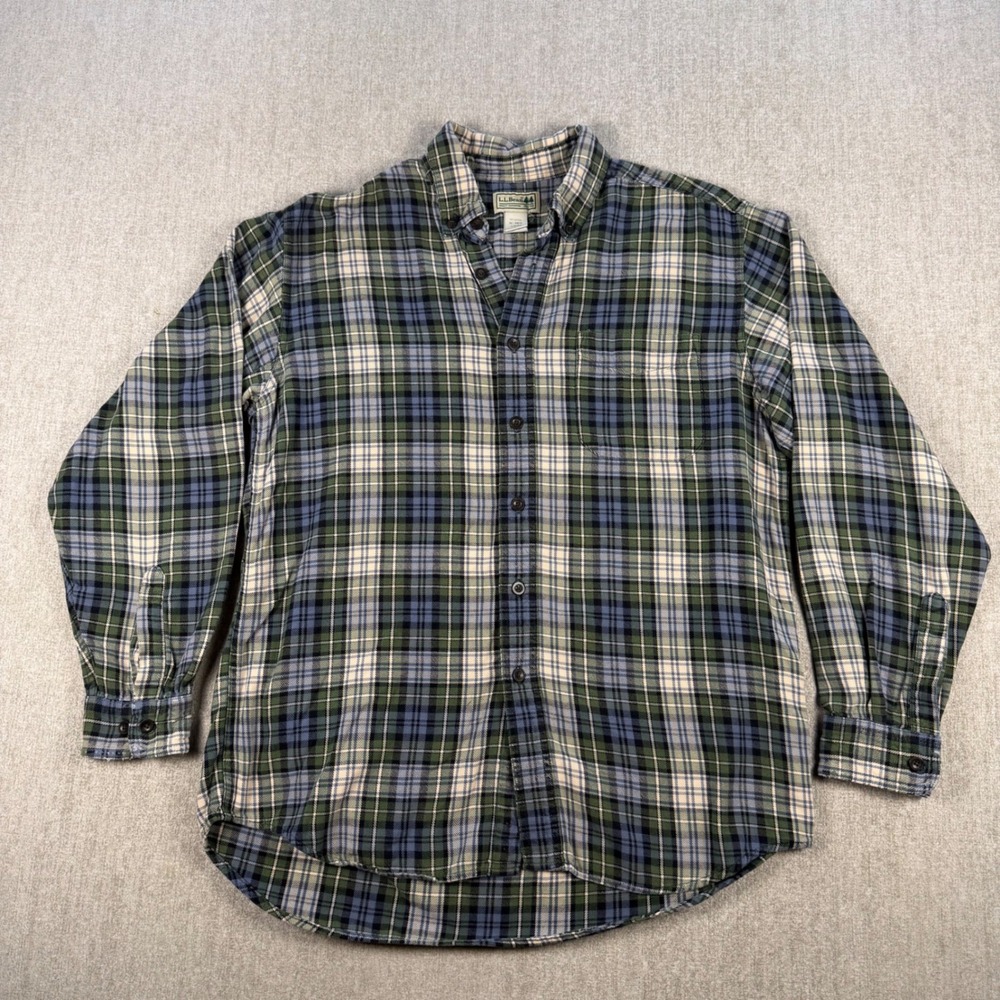 LL Bean Flannel Shirt Mens M Blue Green Plaid Long Sleeve Button Down Regular